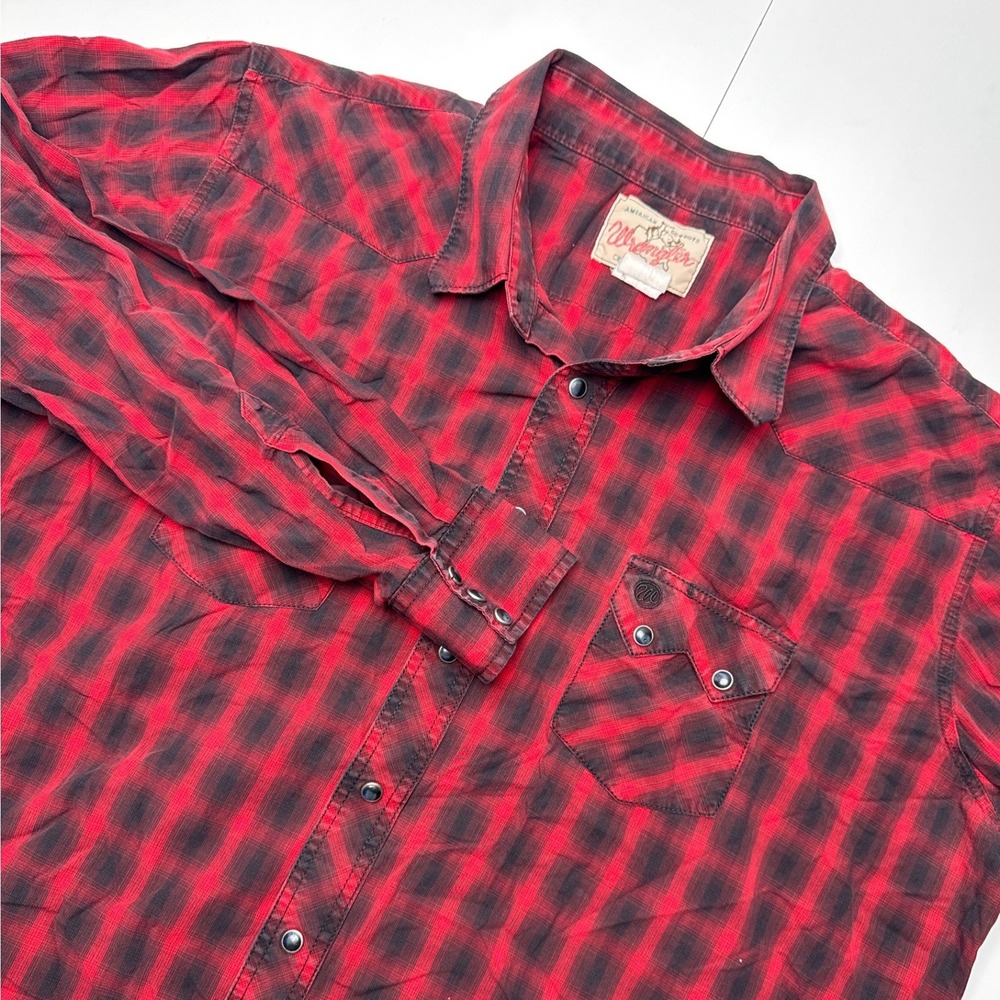 Wrangler American Cowboys Mens XL Red Black Plaid Ombre Western Pearl Snap Shirt